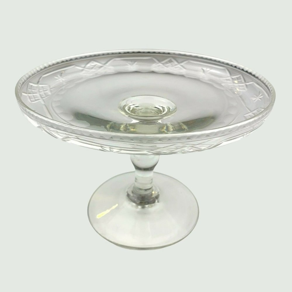 Vtg Etched Glass Cake Stand Clear Pedestal Bon Bon Appetizer Plate Tray Bowl 6.5